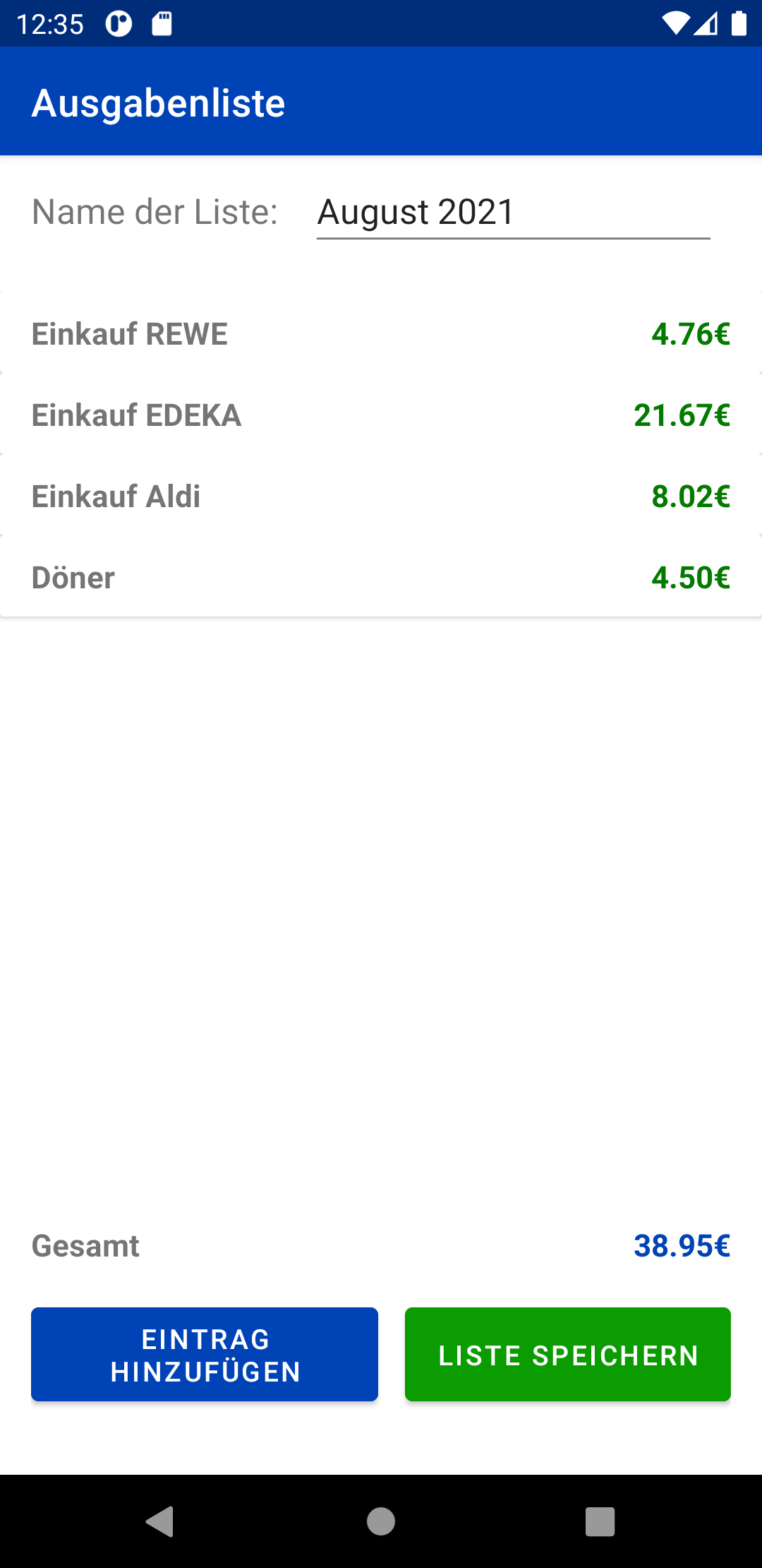 Screenshot der App 'Ausgabenliste'